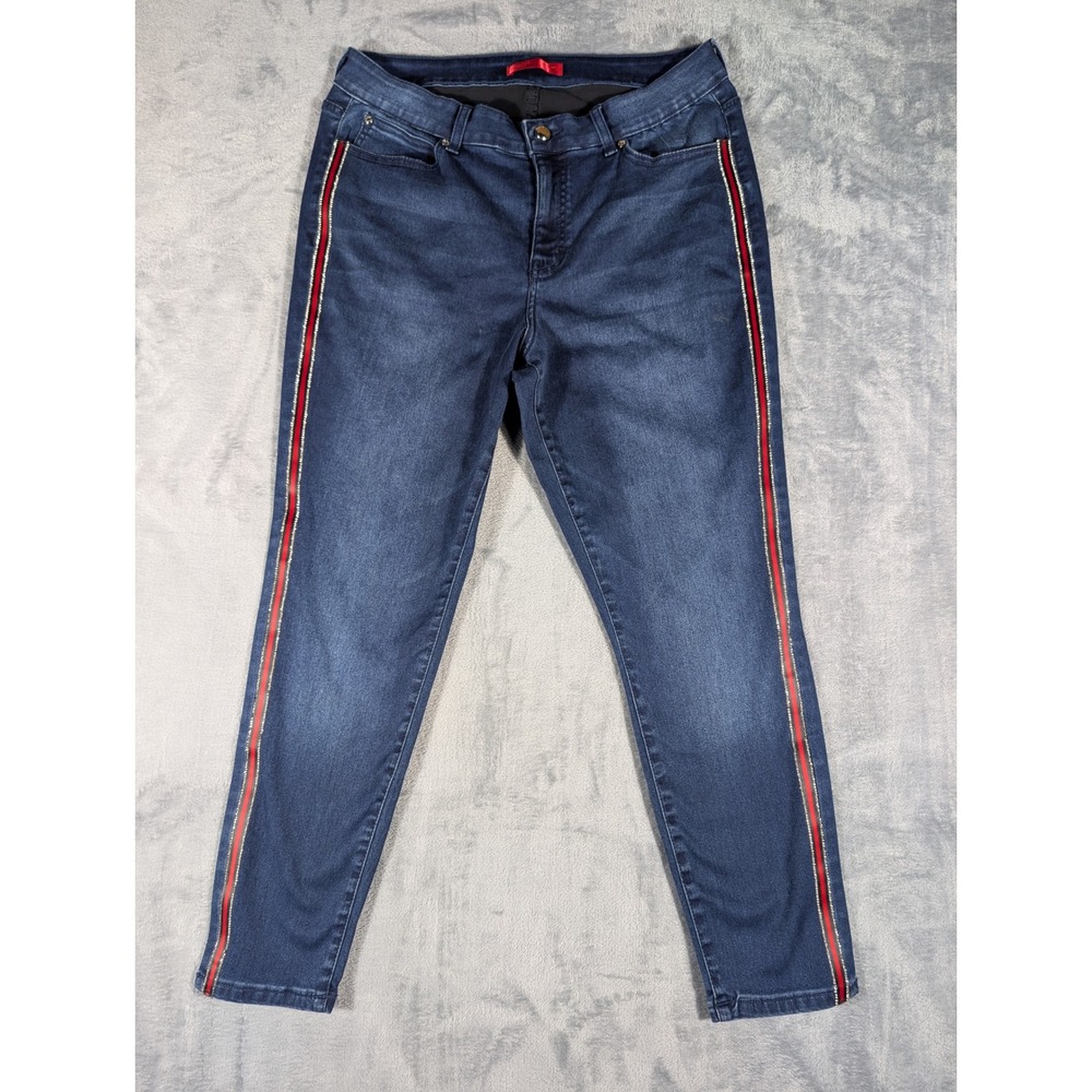 Jennifer Lopez Skinny Ankle Jeans Dark Wash Red Rhinestone Stripe Womens 14